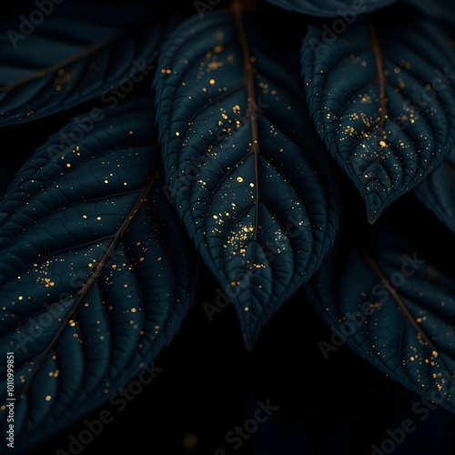 black background with leaves, Obsidian Flora Gold-Flecked and Vein-Kissed photo