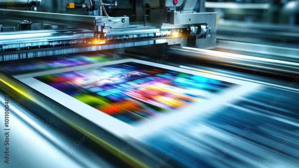 A high-speed printing press in action, showcasing vibrant colors and dynamic movement in a modern printing environment. A high-speed printing press in action, showcasing vibrant colors and dynamic movement in a modern printing environment.