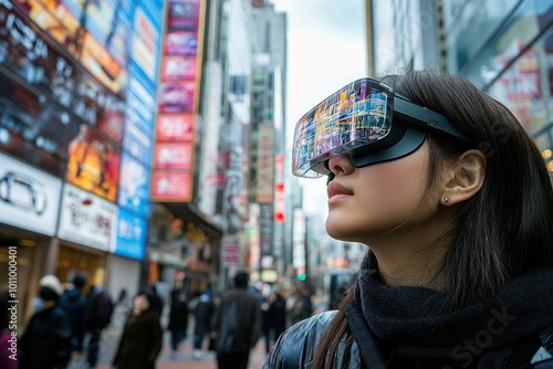 A young woman wearing virtual reality glasses stands in a busy city street, looking up and exploring the digital world.