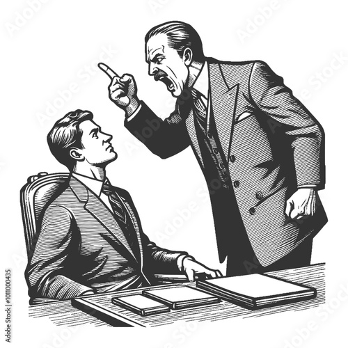 furious boss yelling at a calm employee, workplace conflict or confrontation sketch engraving generative ai fictional character vector illustration. Scratch board imitation. Black and white image.