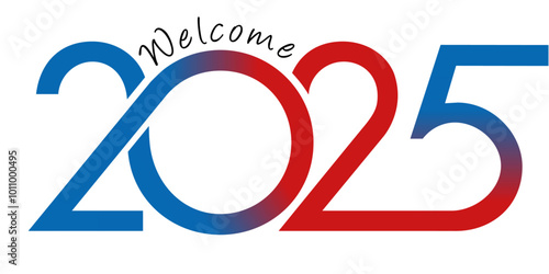 Greeting card with dynamic graphics to present the year 2025 with a succession of red and blue curves on a white background.