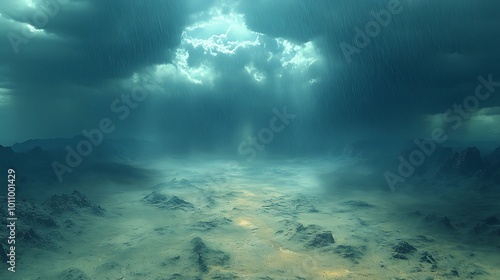 Dramatic, overcast sky with rays of light shining through clouds over a rocky, desolate landscape.