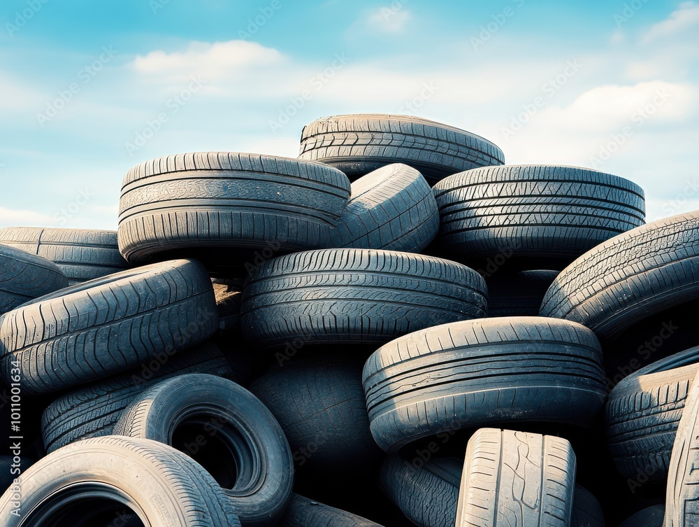 A large pile of used tires against a blue sky, showcasing the environmental impact of tire waste and recycling challenges. A large pile of used tires against a blue sky, showcasing the environmental impact of tire waste and recycling challenges.