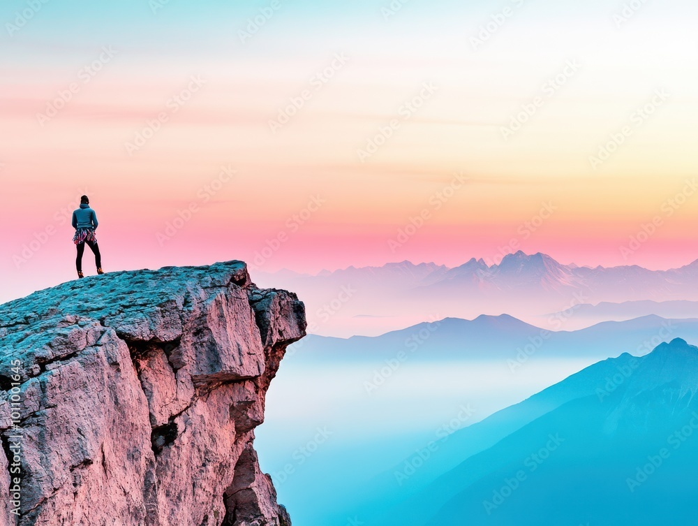 Obraz premium A lone hiker stands on a mountain cliff, overlooking a breathtaking sunrise, with vibrant colors illuminating the sky.