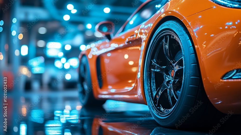 Sleek Orange Sports Car with Chrome Wheels at Luxury Auto Show Sleek Orange Sports Car with Chrome Wheels at Luxury Auto Show