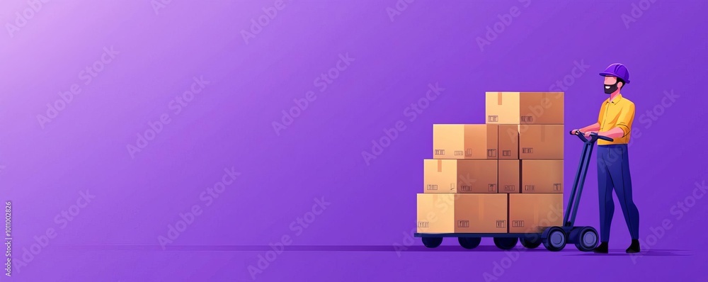 Obraz premium Delivery person with boxes on cart, purple background