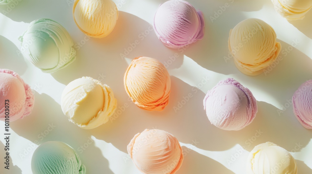 Various pastel ice cream scoops, top view, with clear window light casting a subtle, cozy shadow Various pastel ice cream scoops, top view, with clear window light casting a subtle, cozy shadow