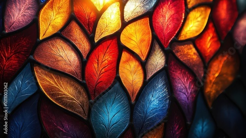 stained glass window illuminated by sunlight featuring colorful abstract shapes and intricate leaf patterns showcasing multidimensional shading and vibrant realism photo