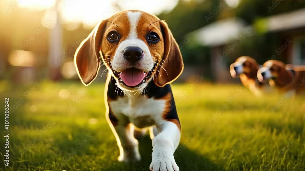 A cute little beagle puppy is walking in a grassy field A cute little beagle puppy is walking in a grassy field