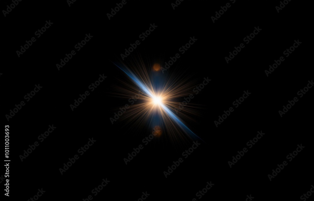 A single bright light source with radial rays extending outward, centered on a black background. A single bright light source with radial rays extending outward, centered on a black background.