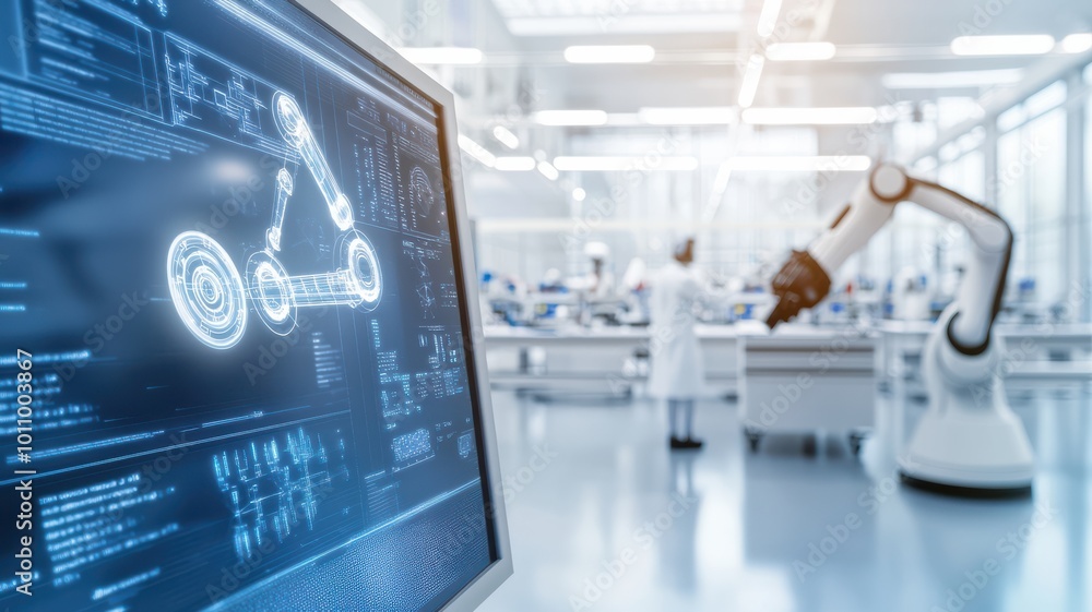A modern laboratory featuring advanced robotics and digital technology, showcasing innovation in automation and engineering. A modern laboratory featuring advanced robotics and digital technology, showcasing innovation in automation and engineering.