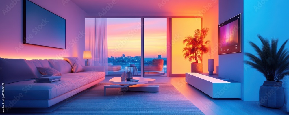 A modern living room bathed in soft, colorful light during sunset, showcasing stylish furniture and a harmonious atmosphere. A modern living room bathed in soft, colorful light during sunset, showcasing stylish furniture and a harmonious atmosphere.