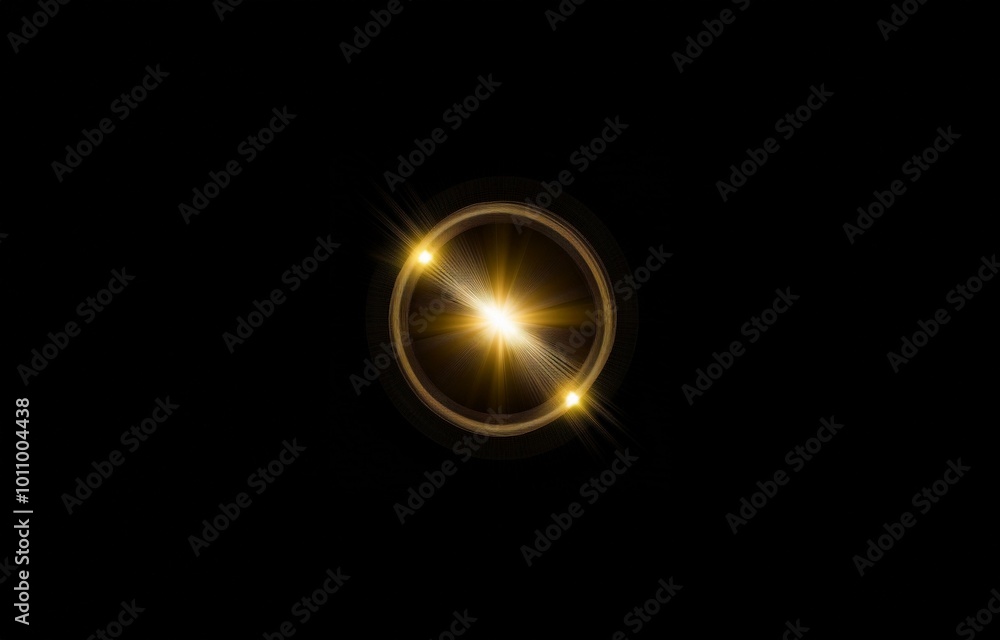 A glowing circle of light in the center of a dark background with radial lines and a soft, diffused halo. A glowing circle of light in the center of a dark background with radial lines and a soft, diffused halo.