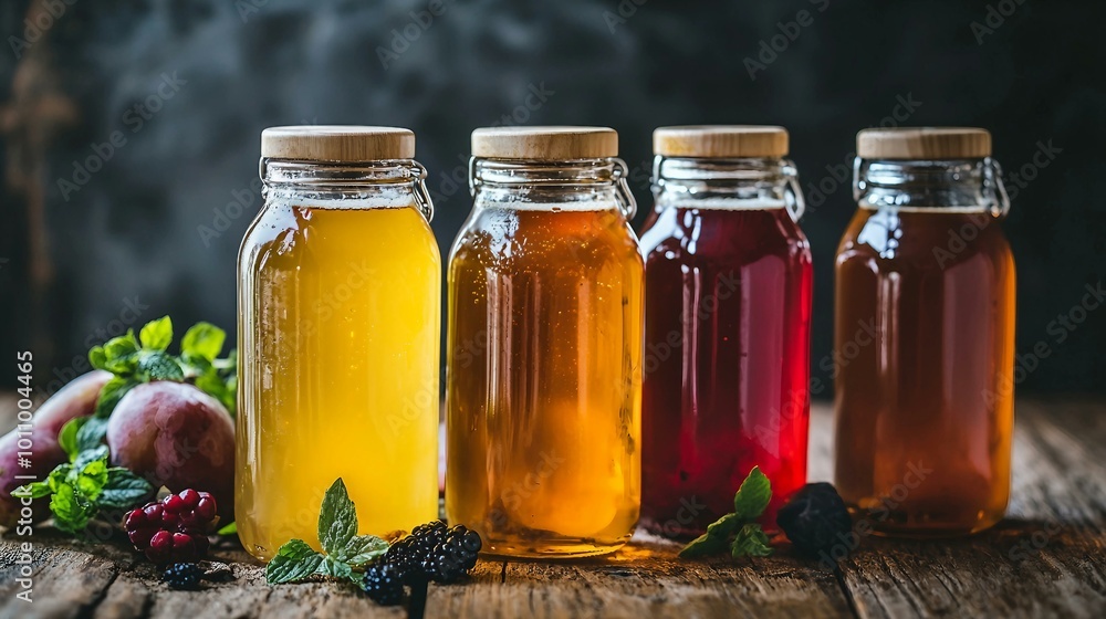 Vibrant Fruit Juices in Rustic Glass Jars on Wooden Table Vibrant Fruit Juices in Rustic Glass Jars on Wooden Table