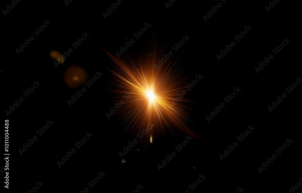 A bright orange light emanating from the center of the image radiates out with thin lines of light.