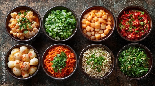 Colorful assortment of fresh vegetables and noodles displayed in bowls on a textured surface for meal preparation