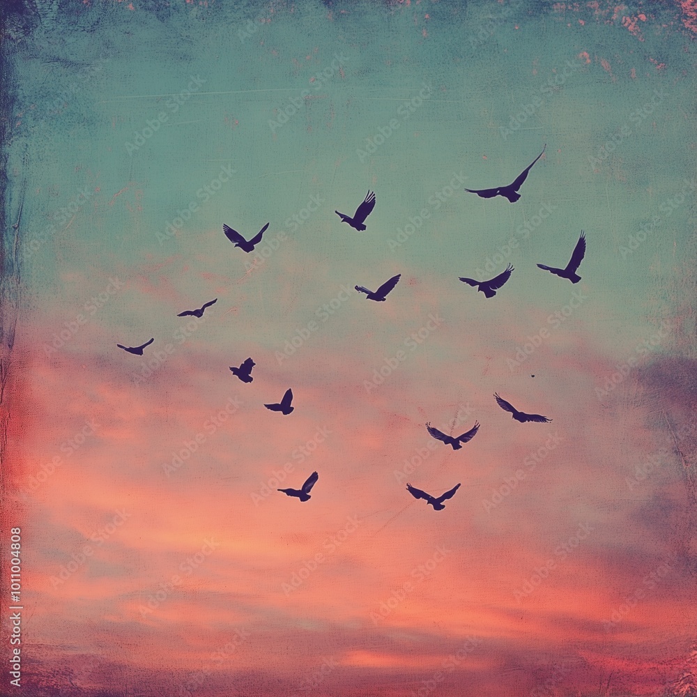 Fototapeta premium The birds flew gracefully across the sky, their wings outstretched as they embraced the fresh beginnings of a new day at sunrise.