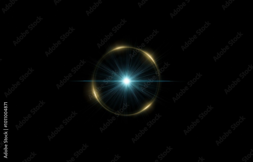 A bright blue light bursts from the center of a glowing golden ring against a black background. A bright blue light bursts from the center of a glowing golden ring against a black background.