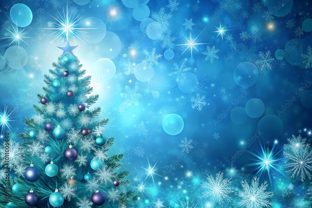 A blue-themed Christmas tree adorned with glowing baubles and snowflakes, set against a vibrant blue background. Perfect for winter promotions, holiday cards, and seasonal celebrations. Copy space A blue-themed Christmas tree adorned with glowing baubles and snowflakes, set against a vibrant blue background. Perfect for winter promotions, holiday cards, and seasonal celebrations. Copy space