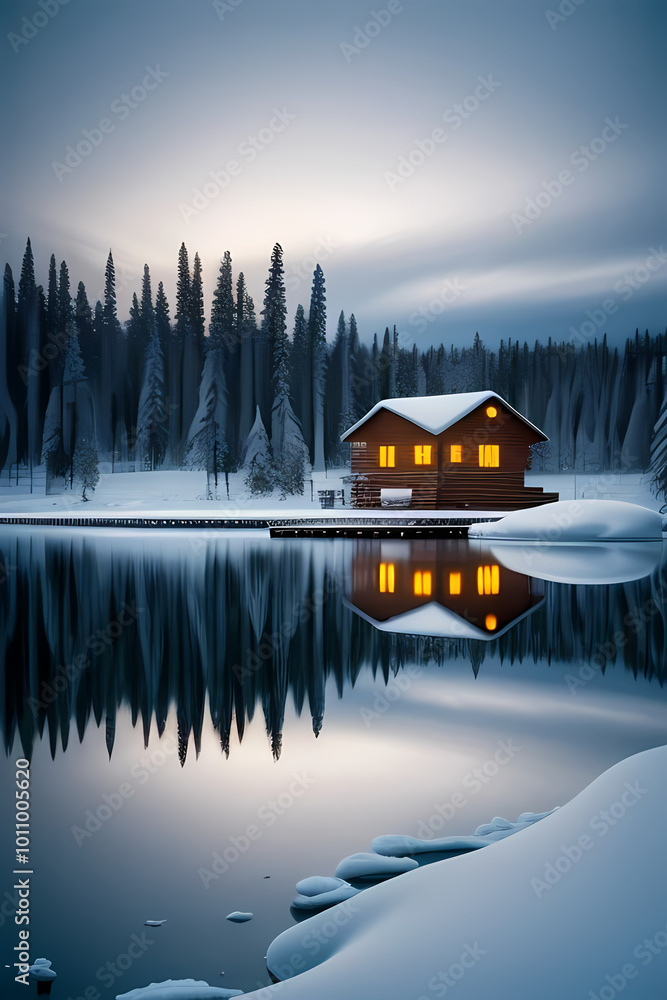 Fototapeta premium Winter landscape Sweden lapland Night. Winter landscape with cabin hut over frozen lake at night