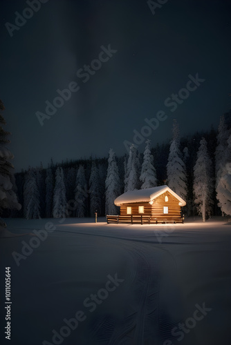 Winter landscape Sweden lapland Night. Winter landscape with cabin hut over frozen lake at night