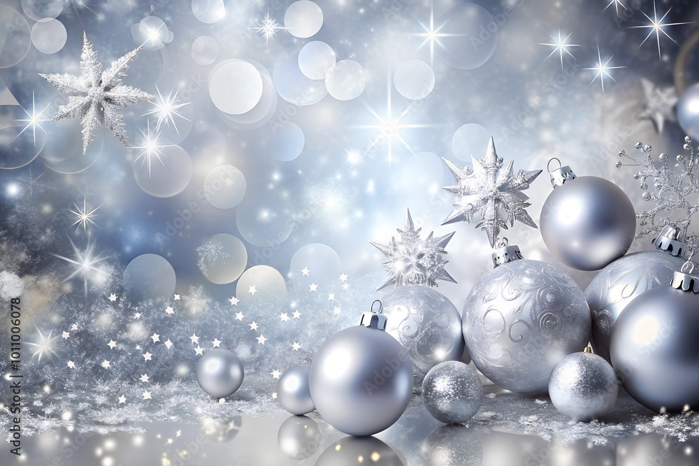 A silver-themed Christmas background with shiny baubles, stars, and snowflakes set against a glittering silver backdrop. holiday designs, Christmas cards, or festive invitations. Copy space A silver-themed Christmas background with shiny baubles, stars, and snowflakes set against a glittering silver backdrop. holiday designs, Christmas cards, or festive invitations. Copy space