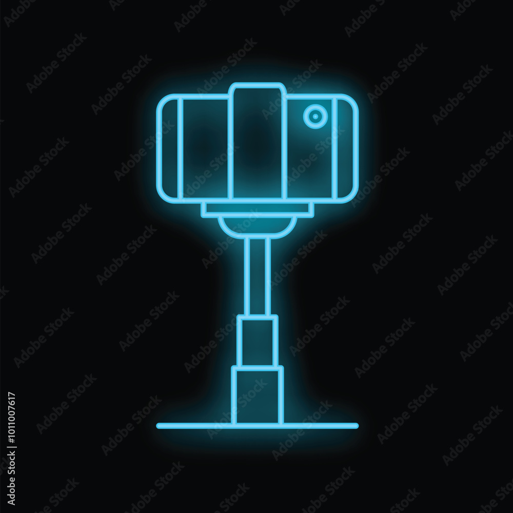 Blue neon icon of a smartphone mounted on an adjustable tripod, illuminating the concept of mobile photography and content creation Blue neon icon of a smartphone mounted on an adjustable tripod, illuminating the concept of mobile photography and content creation