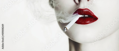 Closeup of a woman s lips with a cigarette between them, smoke gently curling, pure white background, highfashion aesthetic