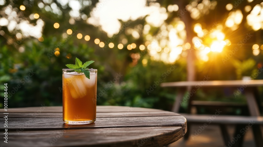 A refreshing drink sits on a wooden table as the sun sets, creating a warm and inviting atmosphere in a garden. A refreshing drink sits on a wooden table as the sun sets, creating a warm and inviting atmosphere in a garden.
