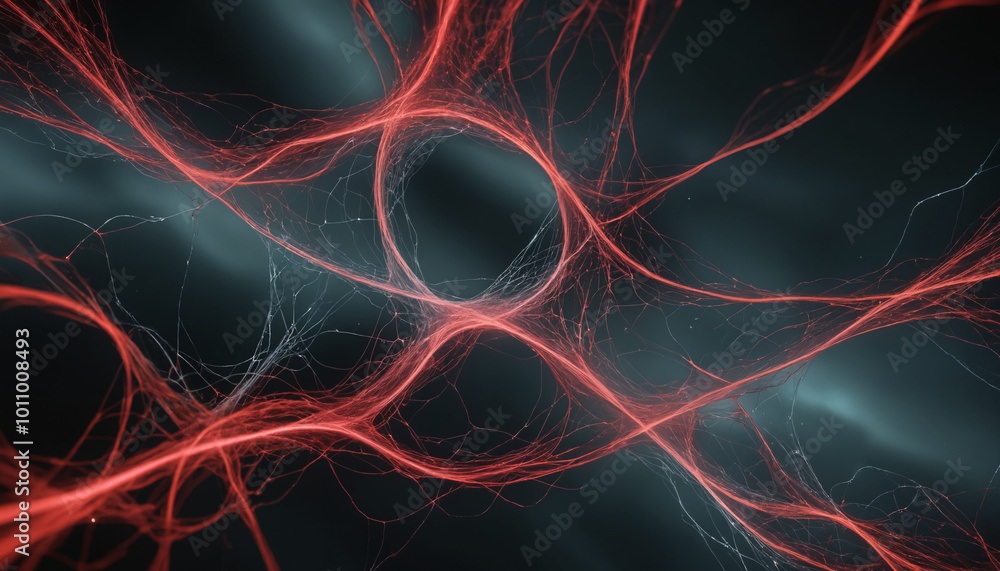 Obraz premium Red digital brainwaves in space, good for neural connections, neural network portrayal and artificial intelligence