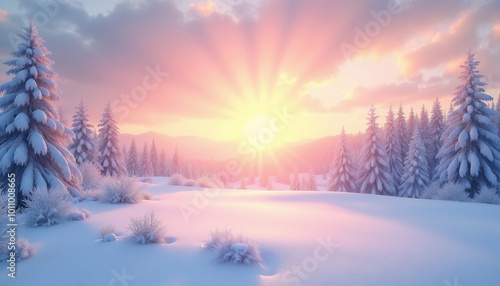 Beautiful winter sunrise illuminating snowy landscape with pine trees in a serene setting