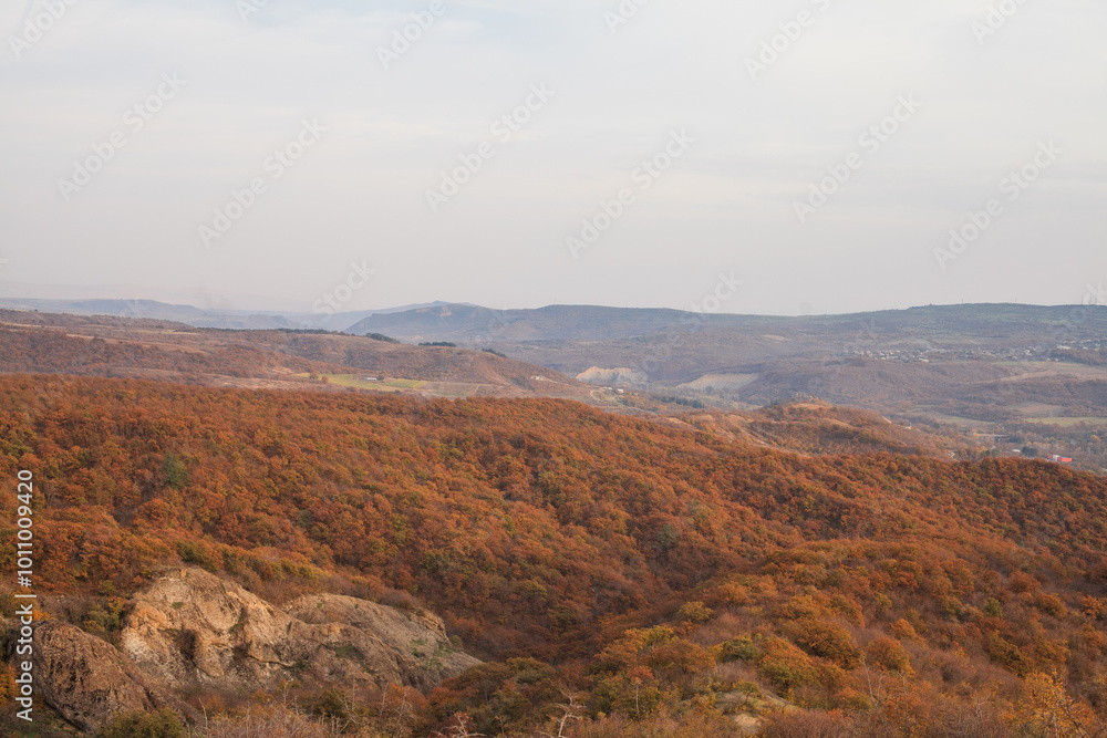 Obraz premium a panoramic view of autumn landscape with mountain hills surrounded by trees with yellow and red foliage at birtvisi canyon in georgia at a sunset light
