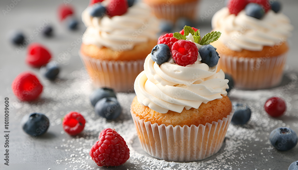 Tasty cupcakes with vanilla cream on grey table, closeup Tasty cupcakes with vanilla cream on grey table, closeup