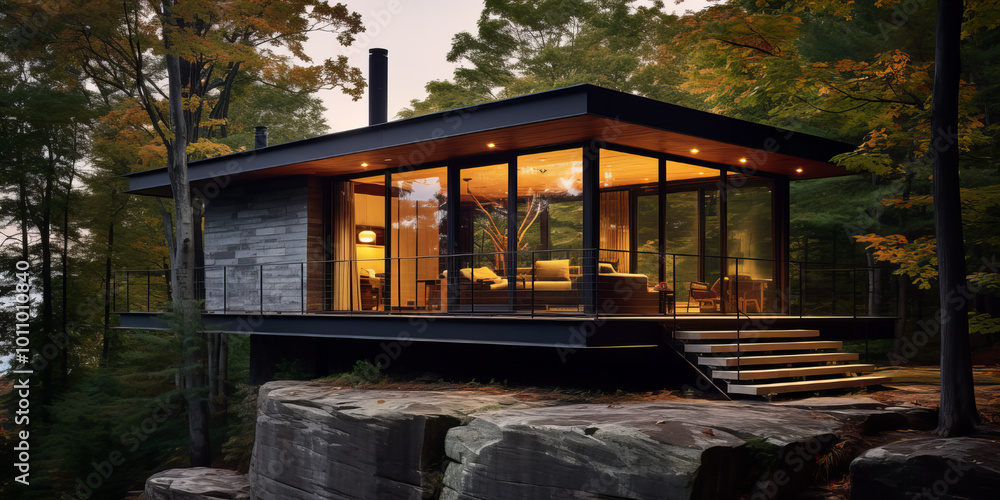 Fototapeta premium Small modern catskills cabin in the forest.