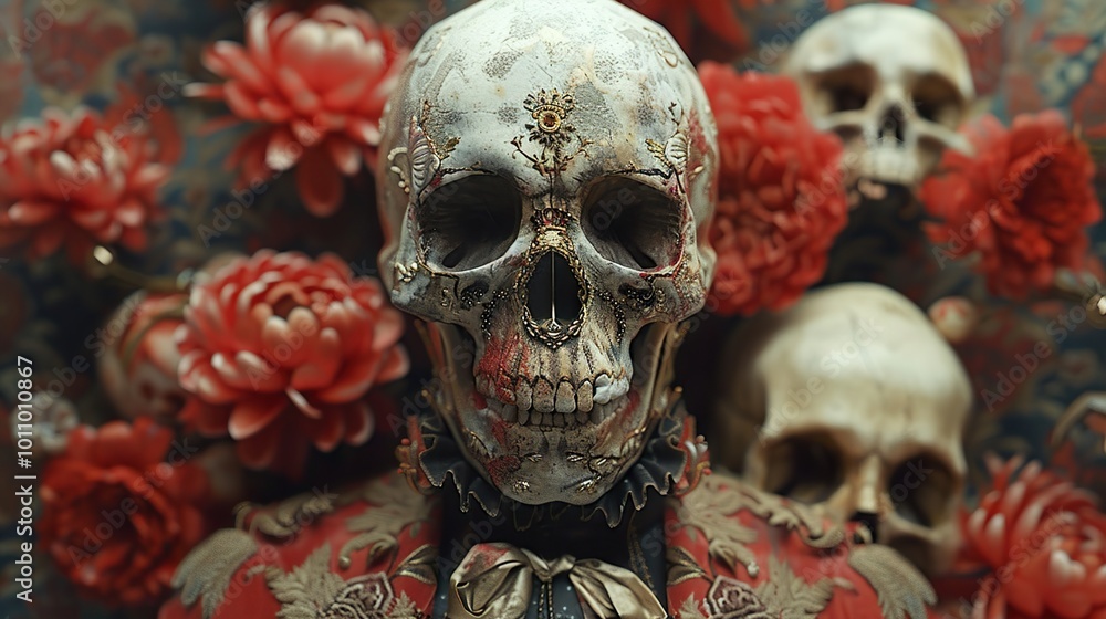 Ornate Skull with Red Flowers: A Dark and Beautiful Still Life Ornate Skull with Red Flowers: A Dark and Beautiful Still Life