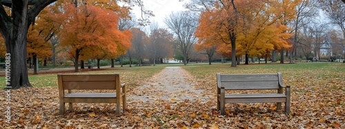 A photograph of two wooden benches placed on an autumn park path, surrounded by fallen leaves in shades of orange and brown