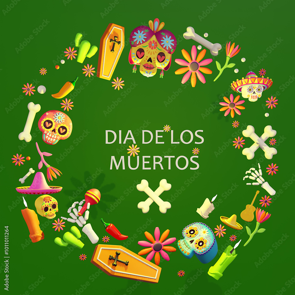 Fototapeta premium Mexican skull design, Mexico culture tourism landmark latin and party theme 3d illustration.