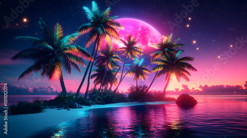 Vibrant neon island landscape with glowing palm trees and sparkling ocean at night, neon, island, landscape, vibrant