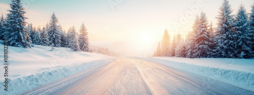 A tranquil winter scene featuring a snowy road surrounded by frosted trees at sunrise, exuding calmness and the beauty of nature in the cold season.