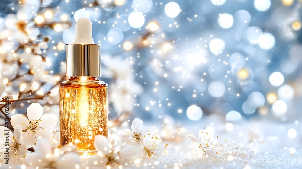 A shimmering cosmetic oil bottle surrounded by soft white flowers and delicate falling snowflakes, creating a serene winter beauty vibe. A shimmering cosmetic oil bottle surrounded by soft white flowers and delicate falling snowflakes, creating a serene winter beauty vibe.