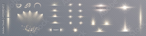 Set of light effects glowing light isolated on transparent background. Solar flare with rays and glare. Spotlights. Glow effect. Star burst with shimmering sparkles.