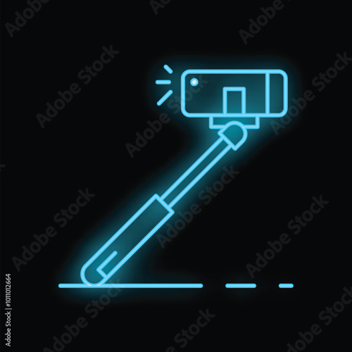 Blue neon icon of a selfie stick taking a photo, glowing on a black background