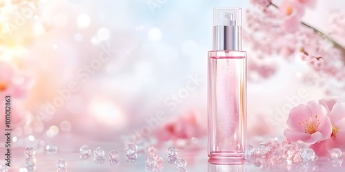 A sleek pink perfume bottle surrounded by delicate cherry blossoms and soft pastel hues, evoking a sense of beauty and elegance. photo