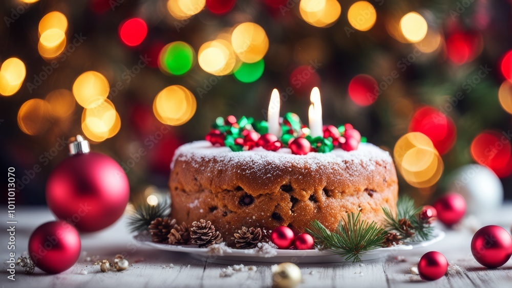 Christmas cake, bokeh background Christmas cake, bokeh background