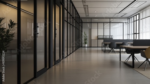 Modern office interior with glass walls and minimalistic design, featuring a clean workspace.