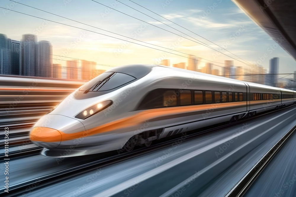 The high-speed train is moving at full power on the highway in front of city buildings.
The high-speed train is moving at full power on the highway in front of city buildings.