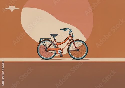 A simple drawing of a bicycle resting on a ledge against a colored background. photo