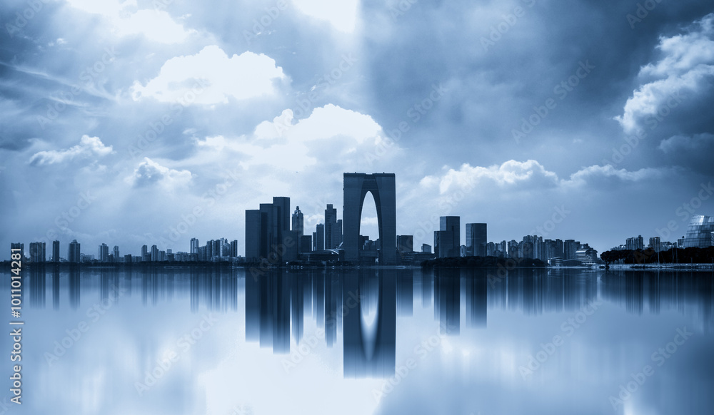 Serene City Skyline Reflection in a Dramatic Blue Atmosphere Serene City Skyline Reflection in a Dramatic Blue Atmosphere