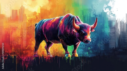 A vibrant and colorful bull standing against a city skyline, representing strength, power, and financial growth.