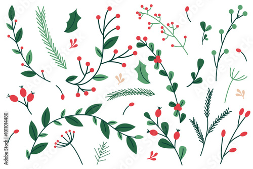 Flat vector set of illustrations of branches, leaves, berries. Plants in shades of green. Idea for creating postcards, banners, backgrounds.
